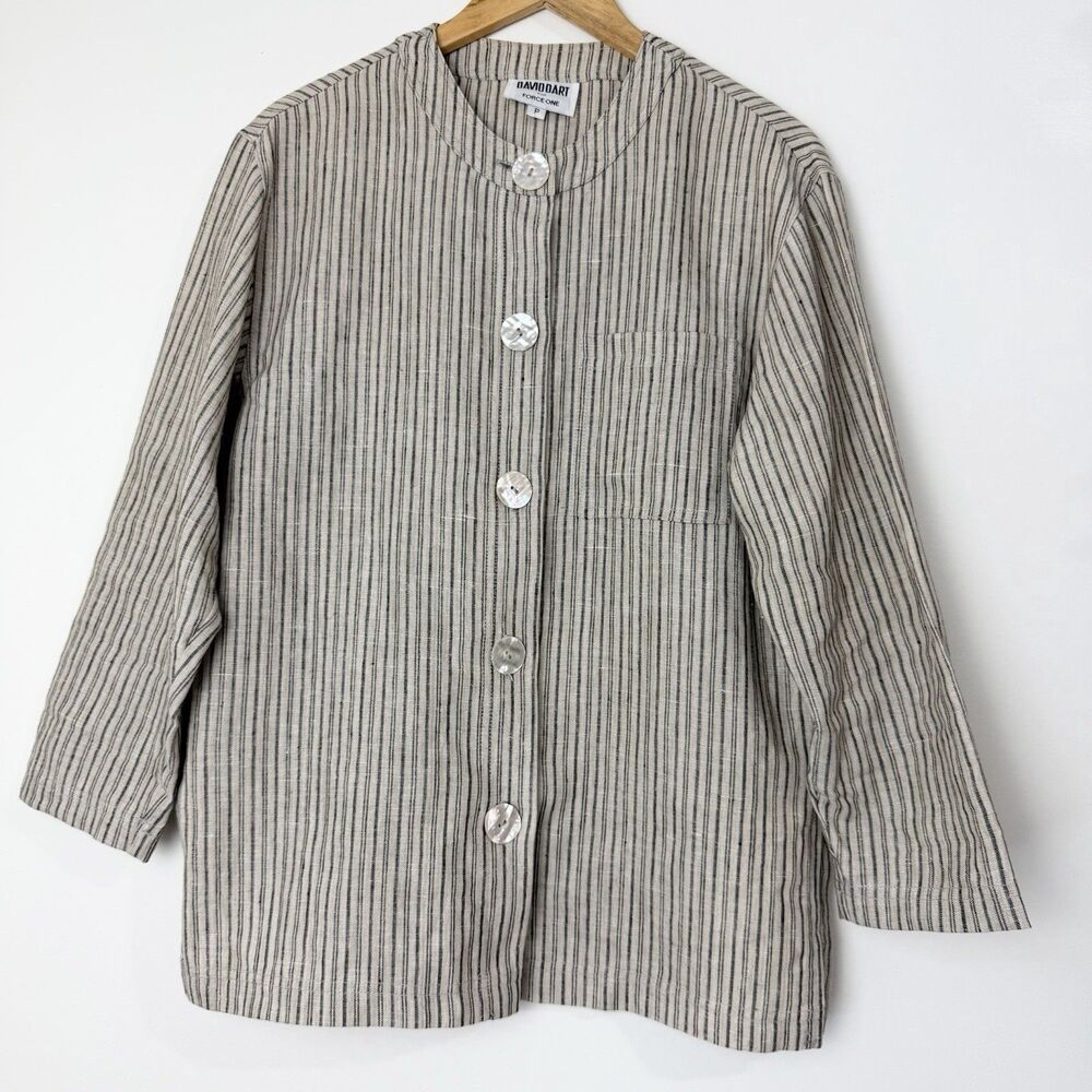 David Dart Linen Tunic Top Button Up Tan Black Striped Women’s PL Lagenlook